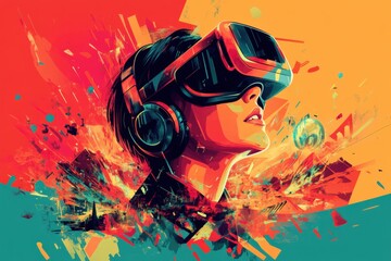 style art of a gamer wearing headphones and vr