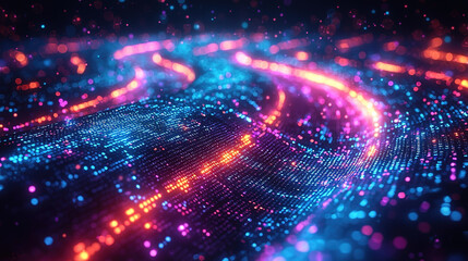 Abstract digital data stream with glowing binary code (0s and 1s) flowing through a dark landscape, illuminated by neon blue, purple, and green, symbolizing technology and information flow
