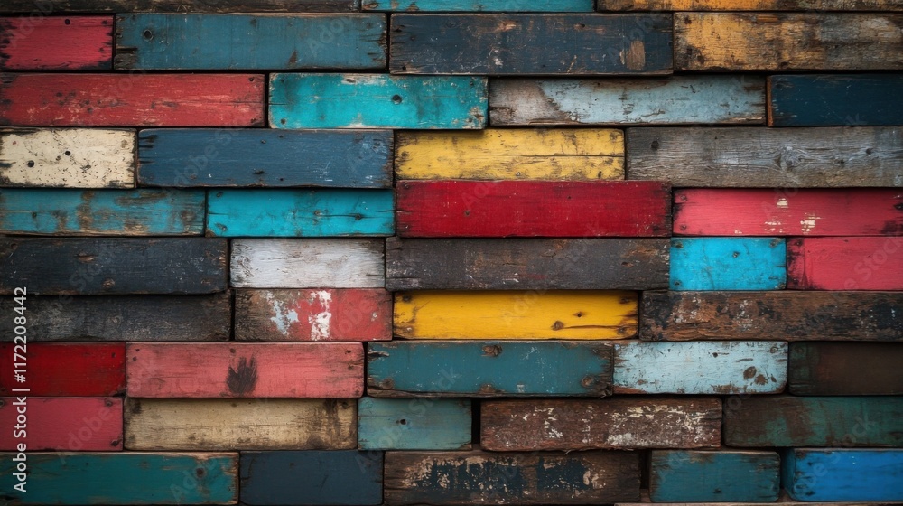 Aufkleber vibrant and rustic wooden planks arranged in a colorful pattern ideal for backgrounds in creative pr