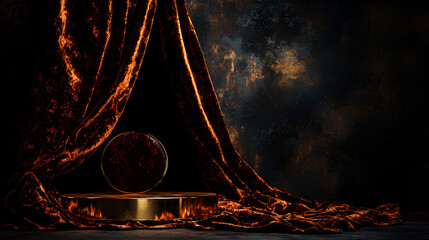 A velvet curtains with a spotlight on a stage backdrop, space for text