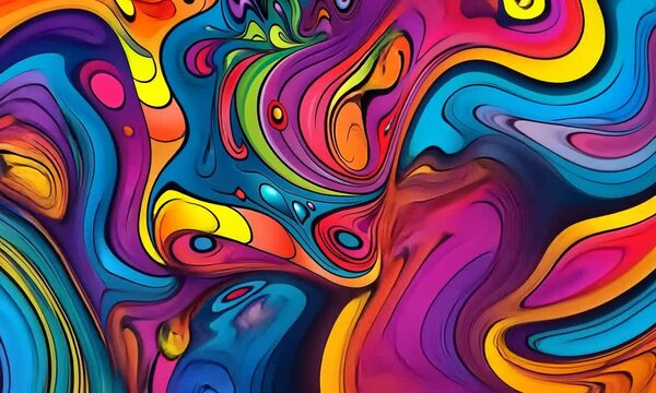 A vibrant abstract design featuring swirling patterns and bold colors, creating a psychedelic effect that evokes a sense of movement and creativity.
