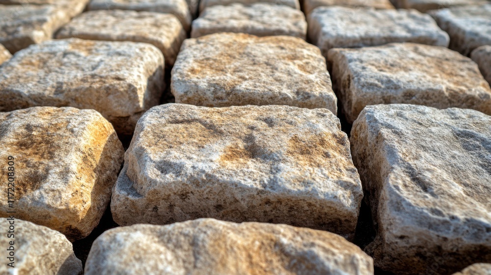 Poster textured stone paving with natural weathering, close-up view of rustic cobblestones in earthy tones 