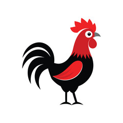 a rooster with a black tail and red feathers.eps
