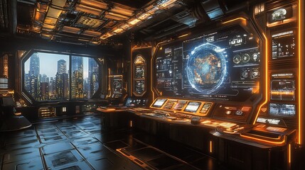 Futuristic control room with city view.