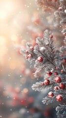 Frosty pine tree with red ornaments sparkling.