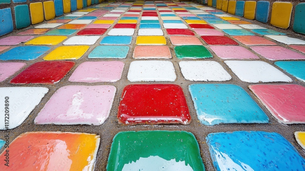 Poster colorful mosaic tile pattern on an outdoor floor creating a vibrant and playful atmosphere with vari