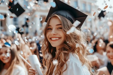 A joyful graduate celebrating with confetti and a diploma at a graduation ceremony.