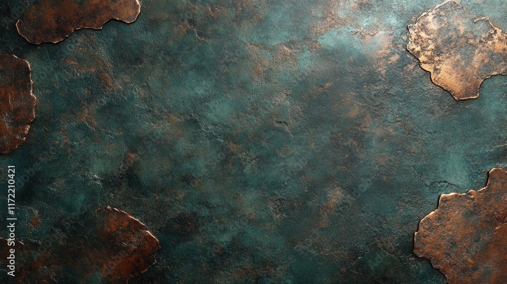 Poster textured surface with contrasting blue-green hues and metallic accents showcasing an abstract patter