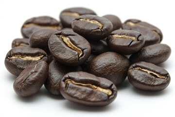 Obraz premium Coffee beans scattered on white background, representing freshness and aroma of coffee.