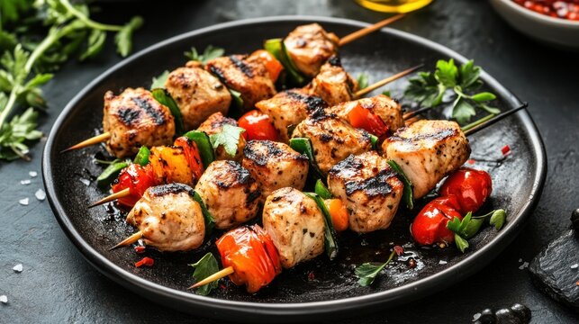 Grilled chicken skewers, vegetables, dark plate, kitchen, food blog