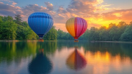 Obraz premium Hot air balloons over calm lake at sunrise