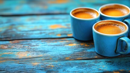 Three Blue Coffee Cups on Rustic Wooden Table with Vibrant Colors Showcasing Rich Espresso and Warm Ambiance Capturing Cozy Morning Moments Perfect for Stock Photography