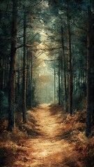 Fototapeta premium A Beautiful Forest Path Illuminated by Soft Light Filtering Through the Trees, Creating a Serene and Inviting Atmosphere for Exploration and Reflection.