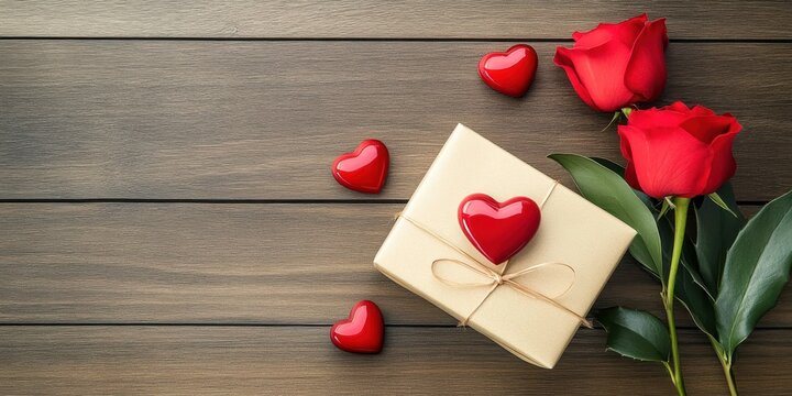 A charming gift adorned with a red heart sits beside a vibrant bouquet of roses, radiating love and romance for a perfect Valentine's Day celebration.