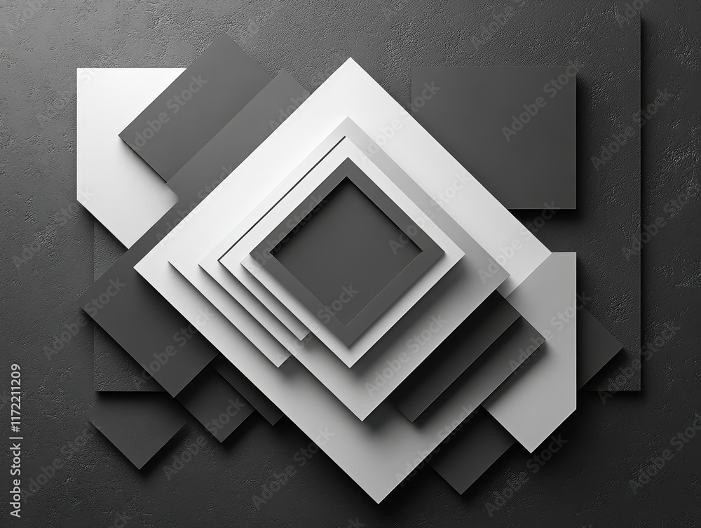 Poster abstract geometric design featuring layered squares in grayscale tones.