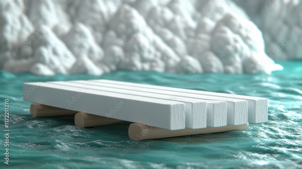 Poster abstract depiction of a minimalist floating wooden platform on tranquil water with blurred rocky bac