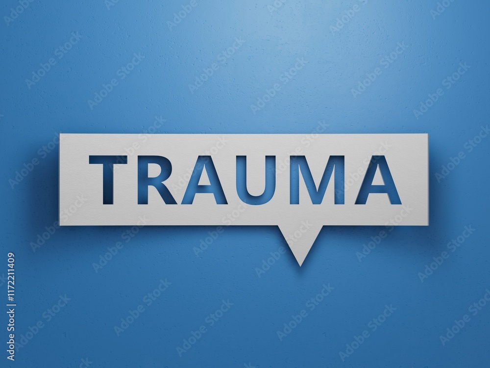 Poster speech bubble block with trauma business word.minimalist abstract design with white cut out paper.3d