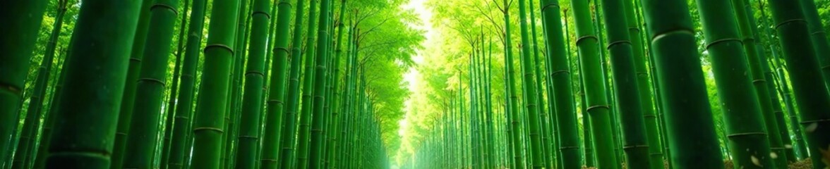 Fototapeta premium Bamboo grove with tall stalks and shade beneath, forests, leafy greens, trees