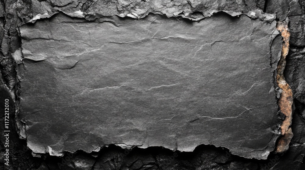 Poster textured dark slate surface with organic edges surrounded by rough charcoal background creating an a