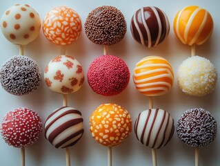 Fototapeta premium Colorful cake pops on sticks; various designs and colors. Perfect for blogs, websites, and social media, representing sweetness and delight.