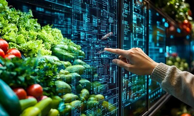 Woman Uses Interactive Digital Display in Modern Grocery Store to Select Fresh Produce. Futuristic Shopping Experience with Technology and Data Overlay - Powered by Adobe