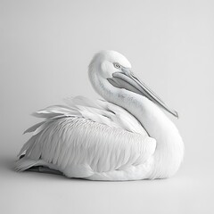 Majestic pelican resting, monochrome, studio. Wildlife photography for nature publications.