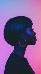 Silhouette of a Woman with Short Hair Against a Vibrant Pink and Blue Gradient Background