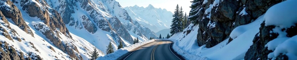 Mountain road climbing steeply through rocky terrain with snow-covered trees, nature, adventurous, road