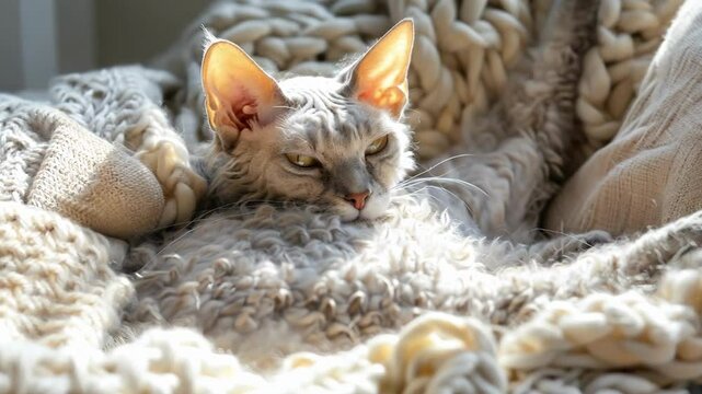 Cozy laperm cat lounging on knitted blanket in sunlit room AI