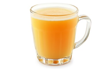 Refreshing orange juice in glass mug, white background.