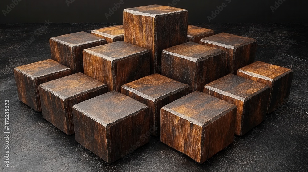 Aufkleber aesthetic arrangement of wooden blocks in a geometric design on a dark background showcasing texture