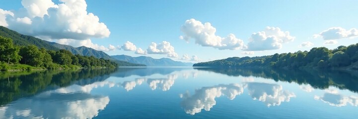Fototapeta premium Reflections of puffy white clouds on lake surface, serene, reflection