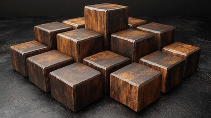 Aesthetic Arrangement of Wooden Blocks in a Geometric Design on a Dark Background Showcasing Texture and Depth for Artistic and Creative Uses
