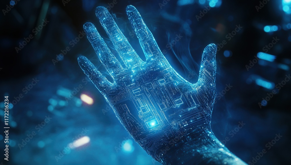 Poster a close-up of an ai hand reaching out towards the viewer, with digital circuit patterns on its finge