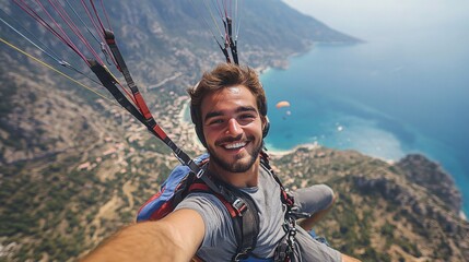 A young man paragliding over scenic mountain valleys with a wide smile