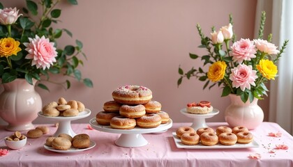 Colorful display of assorted donuts and flowers celebrating Fat Thursday