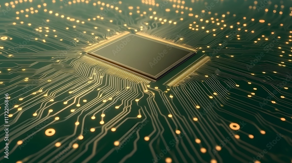 Poster close-up view of a microchip on a circuit board with stunning golden connections capturing the essen