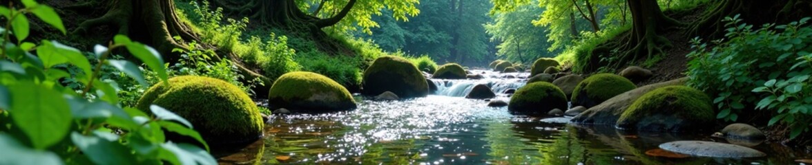 Forest surroundings meet a mountain stream's gentle flow, stream, undergrowth, greenery