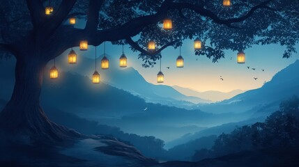 Illuminated Treetop Lanterns Over Misty Mountain Range