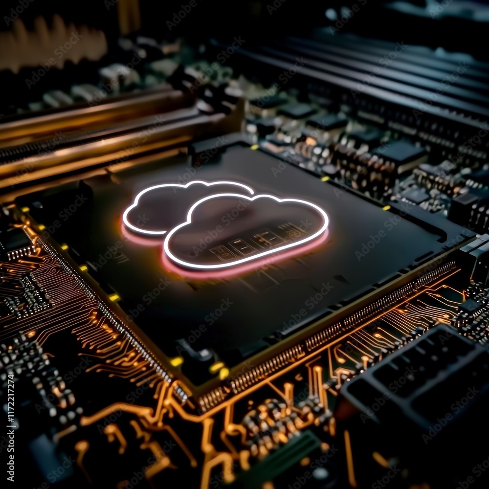 Poster cloud computing data center server motherboard with neon cloud symbol