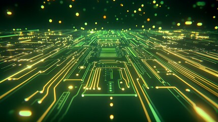 Abstract Green Circuit Board with Glowing Lights and a Futuristic Perspective, Representing Technology, Innovation, and Digital Connectivity in a Modern Design