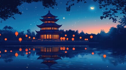 Obraz premium Illuminated Pagoda Reflecting in Serene Night Water