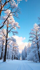 Fototapeta premium bare branches of snow-covered trees against clear blue sky, trees, clouds, nature