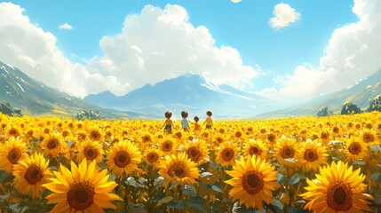Obraz premium A group of kids playing hide-and-seek in a sunflower field