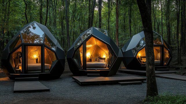 Three geodesic dome cabins nestled in a forest at night. Illustrates unique, luxurious, and nature-immersive accommodations.