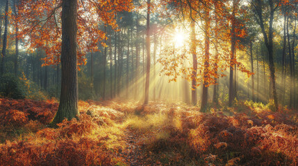 serene forest scene in autumn, showcasing vibrant colors of red and orange foliage, with sunlight filtering through trees, creating magical atmosphere