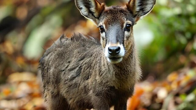 Close-up of a young tufted deer standing on moss-covered rocks in a forest, surrounded by autumn foliage. ai