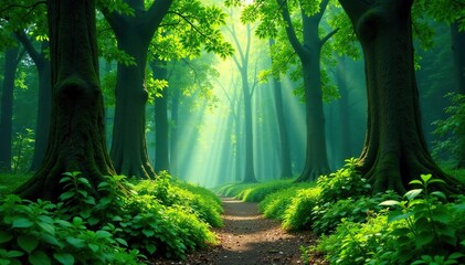 Fototapeta premium lush green forest with towering trees and undergrowth, vegetation, forest,