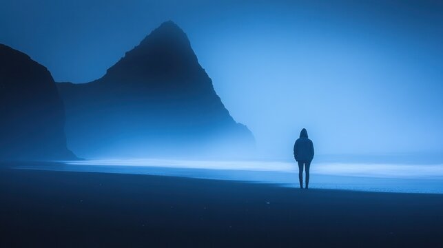 Silhouetted figure on beach at night, misty mountain - Powered by Adobe