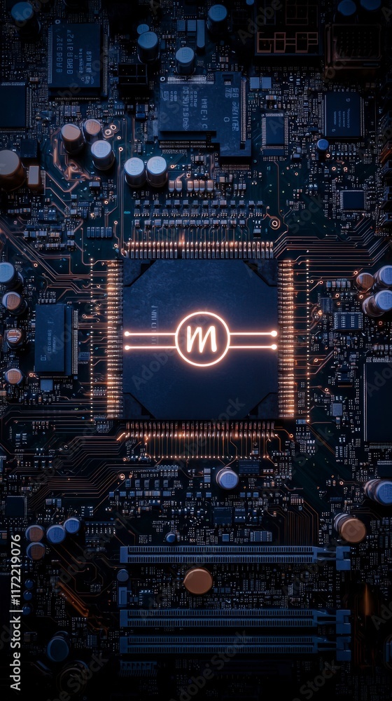 Poster illuminated microchip m circuit board technology abstract closeup